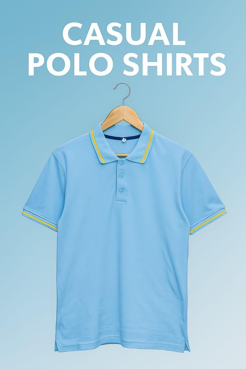 Men's Cotton Polo Shirt Blue Yellow Trim