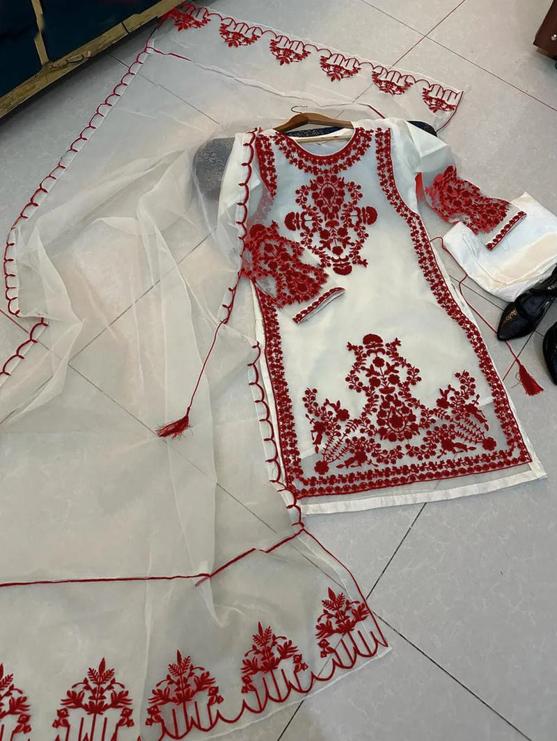 Red Embroidered 3Pc Organza Suit for Women Eid Party Wear