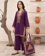 Purple Linen Printed 3Pc Set with Bag
