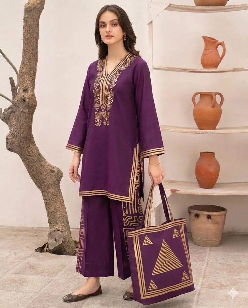 Purple Linen Printed 3Pc Set with Bag