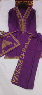 Purple Linen Printed 3Pc Set with Bag