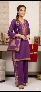 Purple Linen Printed 3Pc Set with Bag