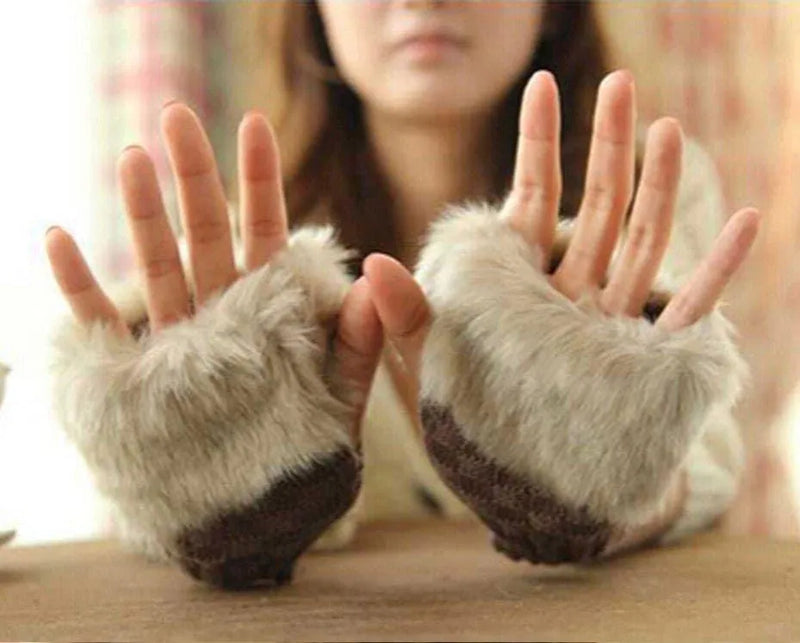 Winter Fingerless Gloves Brown Wool Fur Warm Pakistan