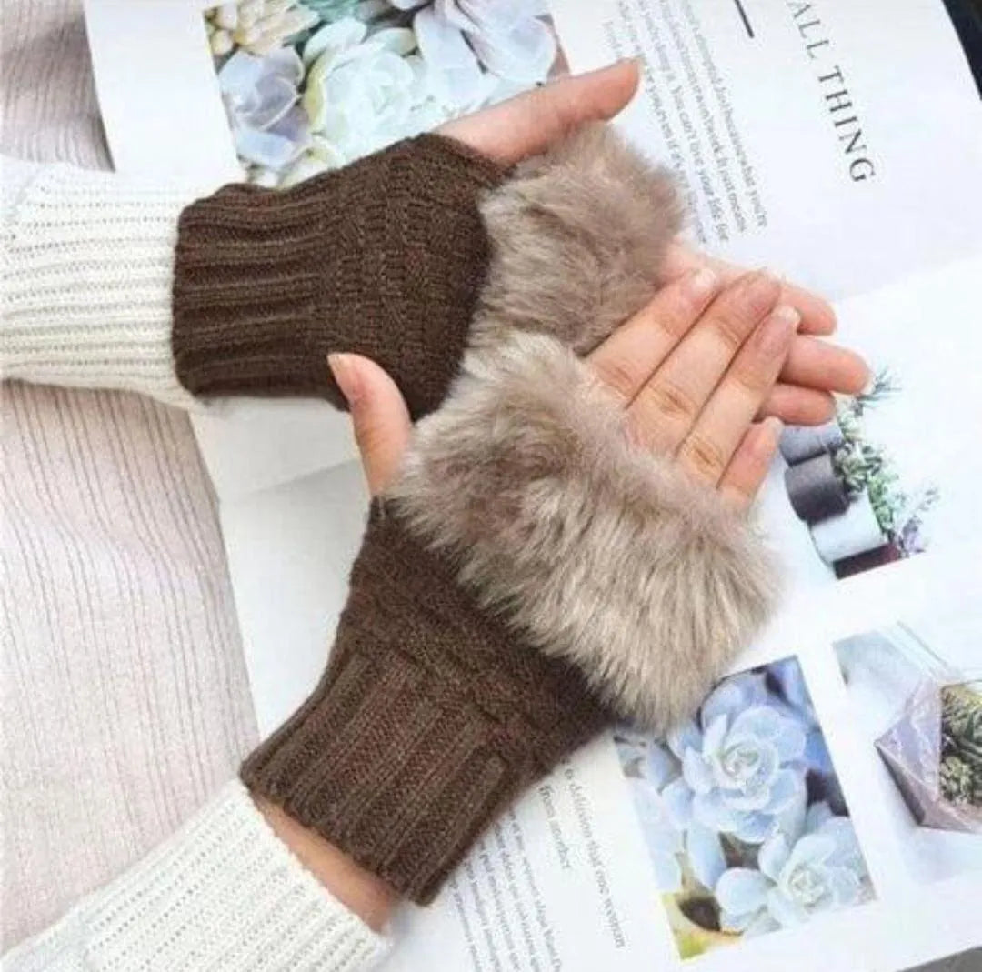 Winter Fingerless Gloves Brown Wool Fur Warm Pakistan