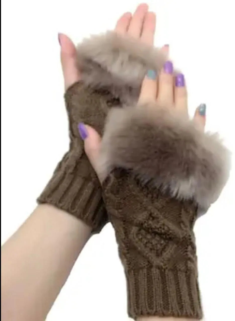 Winter Fingerless Gloves Brown Wool Fur Warm Pakistan