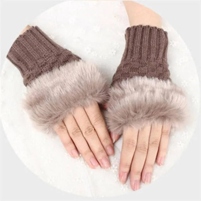 Winter Fingerless Gloves Brown Wool Fur Warm Pakistan